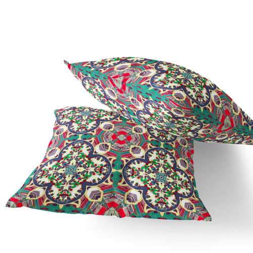 Set of Two 16" X 16" Green and Pink Blown Seam Floral Indoor Outdoor Throw Pillow Polyester Decor