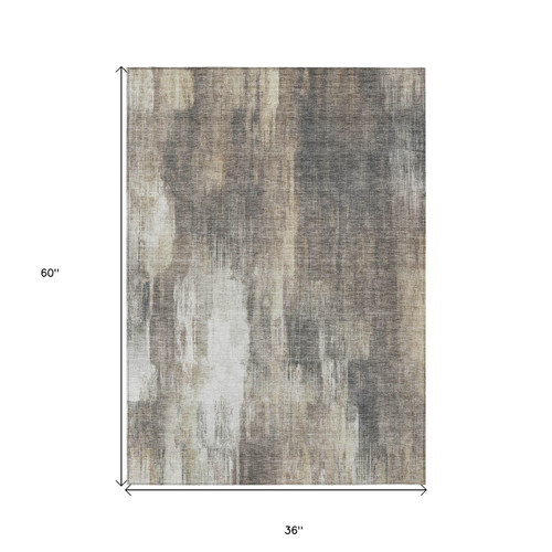 3' X 5' Taupe and Gray Abstract Washable Non Skid Indoor Outdoor Area Rug