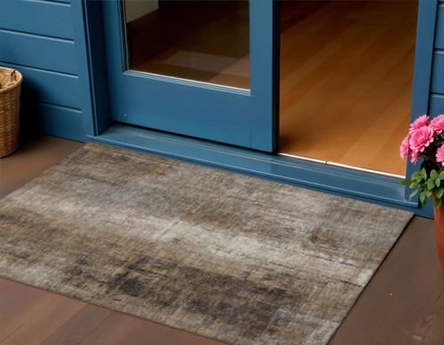 3' X 5' Brown And Ivory Abstract Washable Indoor Outdoor Area Rug - Brown, Ivory