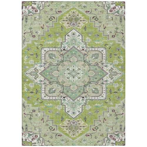 5' X 8' Green Ivory And Brown Oriental Washable Indoor Outdoor Area Rug