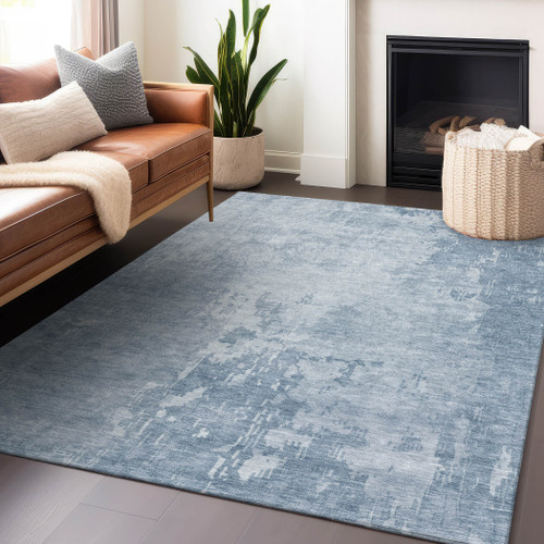 3' X 5' Sky Blue Abstract Washable Indoor Outdoor Area Rug