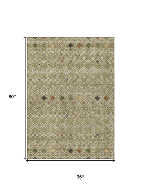 3' X 5' Sage Ivory And Beige Geometric Washable Indoor Outdoor Area Rug
