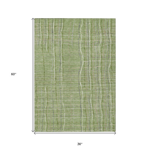 3' X 5' Green Ivory And Gray Striped Washable Indoor Outdoor Area Rug