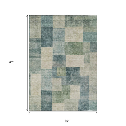 3' X 5' Blue Geometric Washable Indoor Outdoor Area Rug