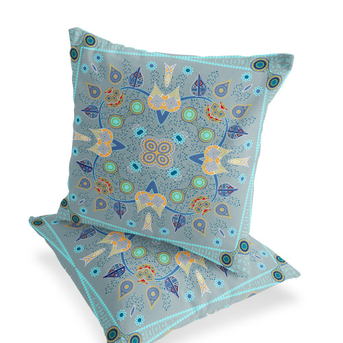 Set of Two 16" X 16" Blue and Gray Blown Seam Paisley Indoor Outdoor Throw Pillow Polyester