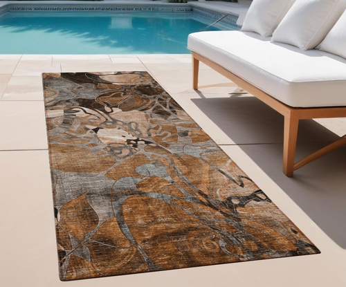 2' X 8' Chocolate Terracotta and Ivory Abstract Washable Indoor Outdoor Runner Rug