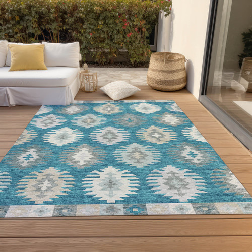 3' X 5' Teal Blue Ivory And Gray Southwestern Washable Indoor Outdoor Area Rug