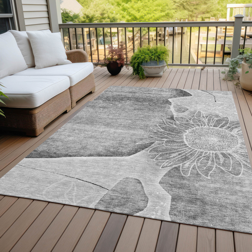 5' X 8' Gray Silver And Charcoal Floral Washable Indoor Outdoor Area Rug