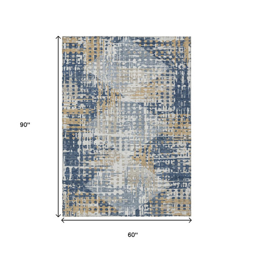 5' X 8' Navy Blue And Beige Geometric Washable Indoor Outdoor Area Rug - Navy Blue, Beige