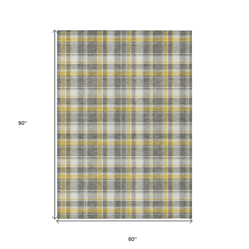 5' X 8' Gray Yellow and White Plaid Washable Non Skid Indoor Outdoor Area Rug