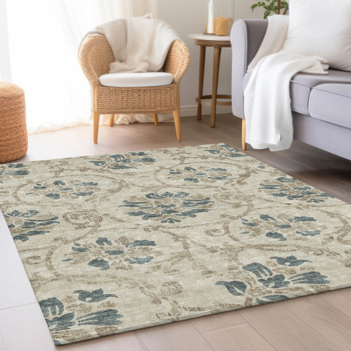 3' X 5' Beige Tan And Blue Floral Washable Indoor Outdoor Area Rug