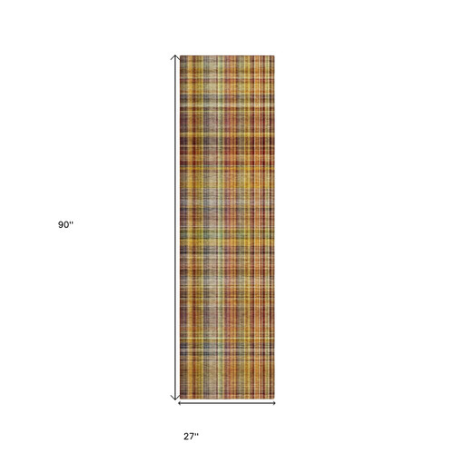8' Runner Orange Plaid Washable Non Skid Indoor Outdoor Runner Rug