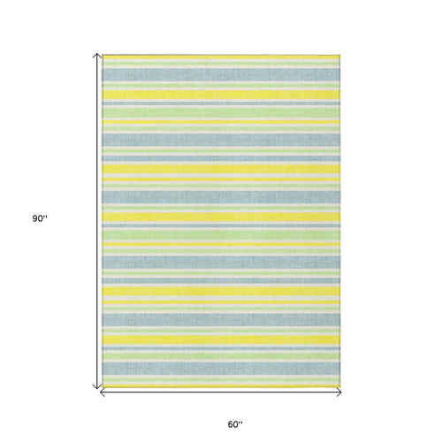 5' X 8' Blue and Yellow Striped Washable Non Skid Indoor Outdoor Area Rug