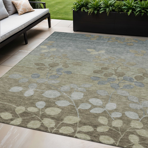 5' X 8' Khaki And Gray Floral Washable Indoor Outdoor Area Rug