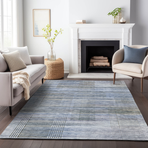 5' X 8' Denim Blue And Sky Blue Striped Washable Indoor Outdoor Area Rug