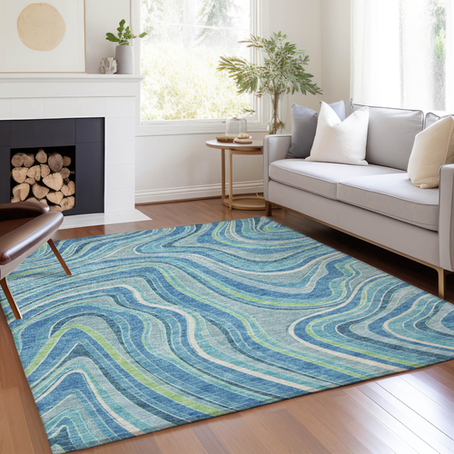 5' X 8' Navy Blue And Denim Blue Abstract Washable Indoor Outdoor Area Rug