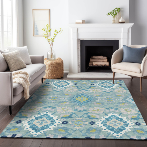 3' X 5' Teal Blue Green And Ivory Oriental Washable Indoor Outdoor Area Rug