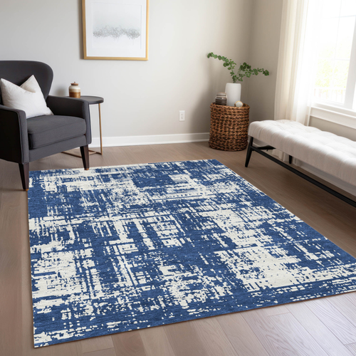 5' X 8' Navy Blue And Ivory Abstract Washable Indoor Outdoor Area Rug