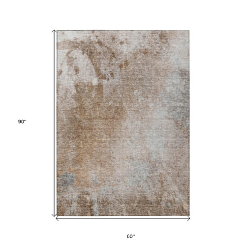 5' X 8' Brown and Off White Abstract Washable Non Skid Indoor Outdoor Area Rug