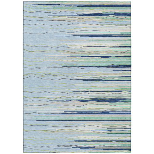 5' X 8' Sky Blue Aqua And Gray Striped Washable Indoor Outdoor Area Rug