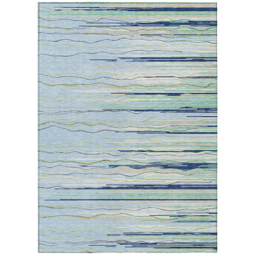 5' X 8' Sky Blue Aqua And Gray Striped Washable Indoor Outdoor Area Rug