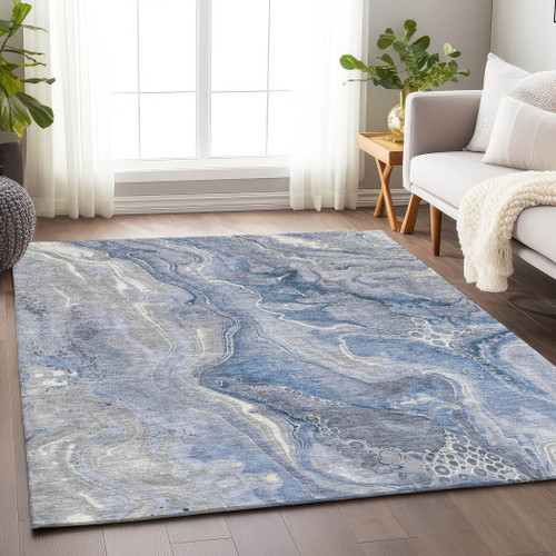 5' X 8' Denim Blue And Ivory Abstract Washable Indoor Outdoor Area Rug