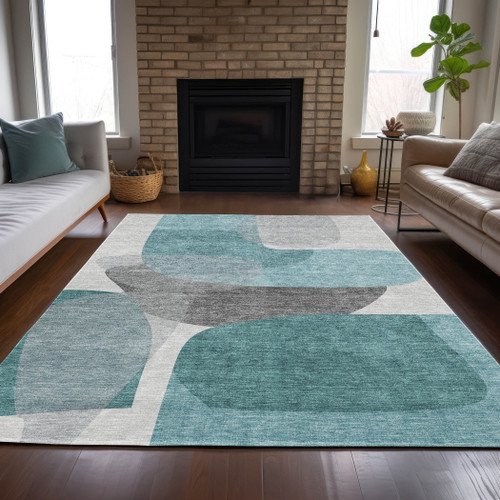 3' X 5' Teal Blue And Gray Abstract Washable Indoor Outdoor Area Rug