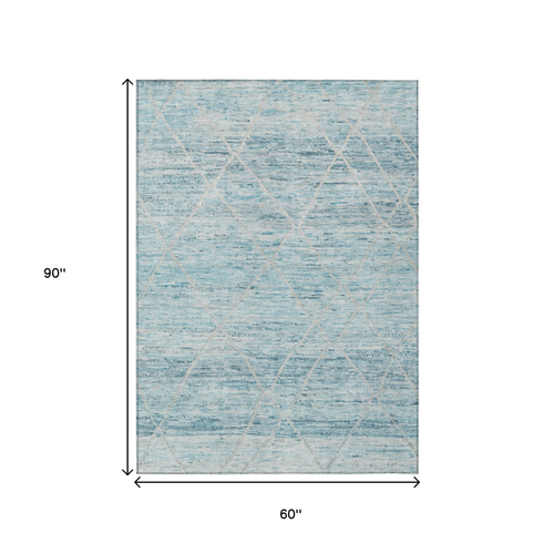 5' X 8' Teal Blue And Ivory Trellis Washable Indoor Outdoor Area Rug