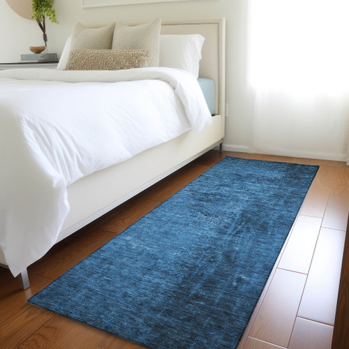 8' Runner Navy Blue Abstract Washable Non Skid Indoor Outdoor Runner Rug
