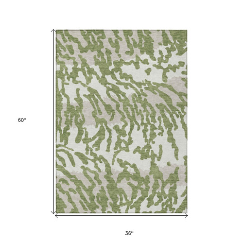 3' X 5' Green Gray And Ivory Animal Print Washable Indoor Outdoor Area Rug