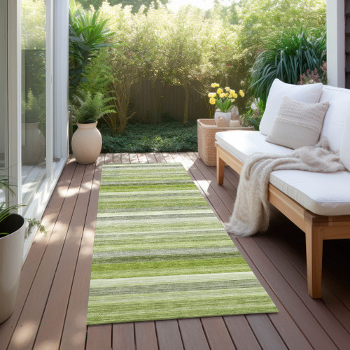 2' X 8' Fern Green Striped Washable Non Skid Indoor Outdoor Runner Rug