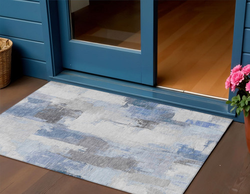3' X 5' Denim Blue And Ivory Abstract Washable Indoor Outdoor Area Rug - Denim Blue, Ivory