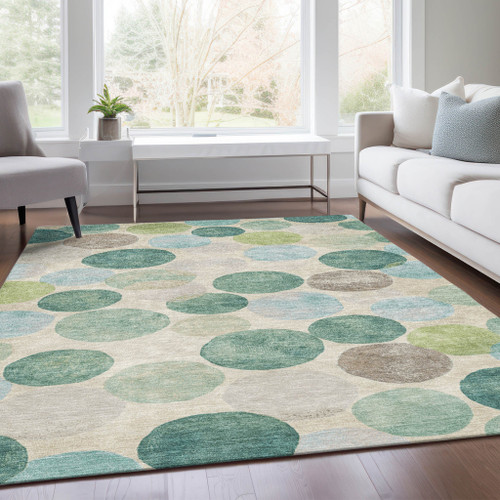 3' X 5' Teal Blue Green And Ivory Geometric Washable Indoor Outdoor Area Rug - Teal Blue, Green, Ivory