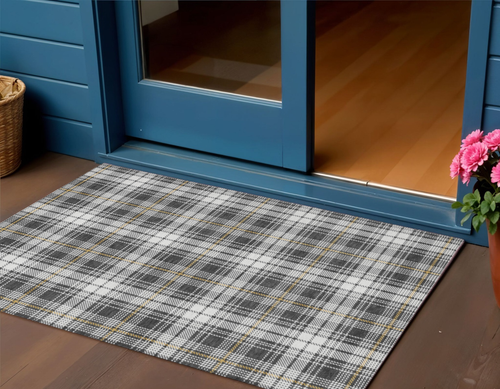 3' X 5' Charcoal Ivory And Gold Plaid Washable Indoor Outdoor Area Rug