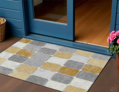 3' X 5' Gold And Gray Geometric Washable Indoor Outdoor Area Rug - Gold, Gray