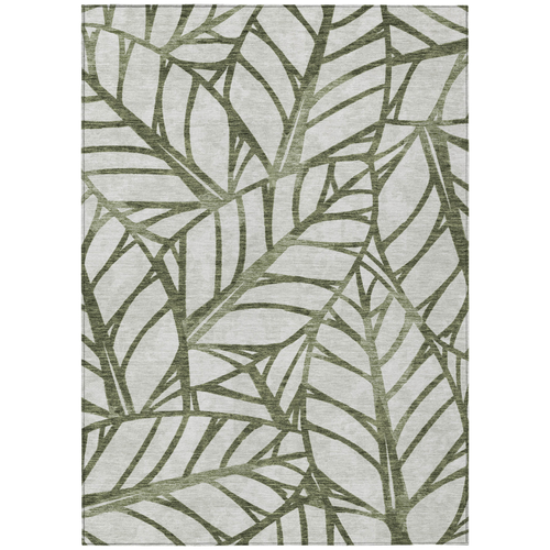 3' X 5' Olive Green And Beige Floral Washable Indoor Outdoor Area Rug