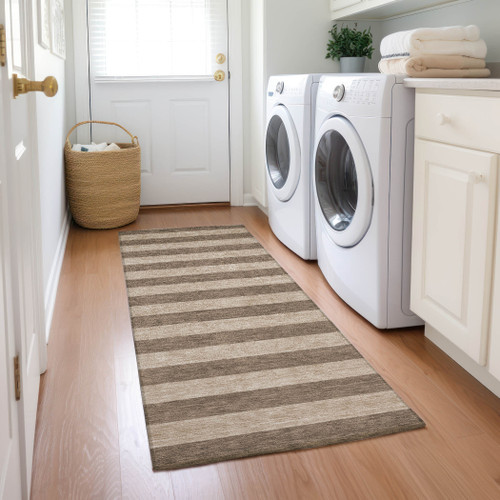 8' Runner Coffee Striped Washable Non Skid Indoor Outdoor Runner Rug