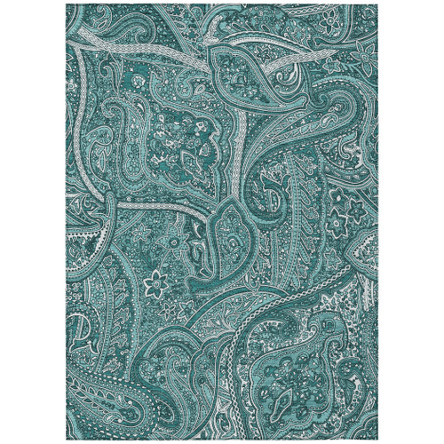 5' X 8' Teal Blue Aqua And Ivory Paisley Washable Indoor Outdoor Area Rug
