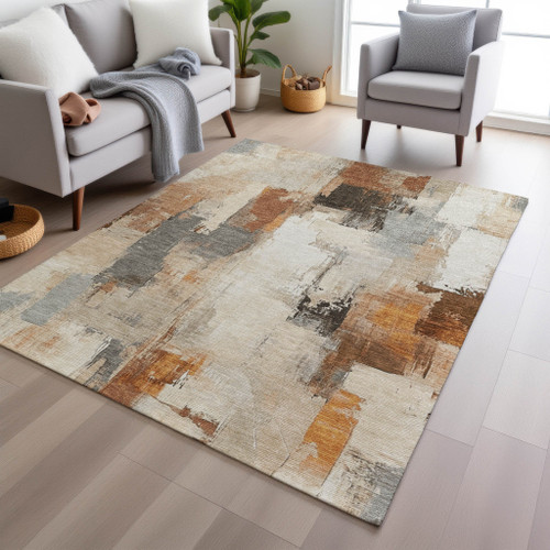 5' X 8' Ivory And Rust Abstract Washable Indoor Outdoor Area Rug