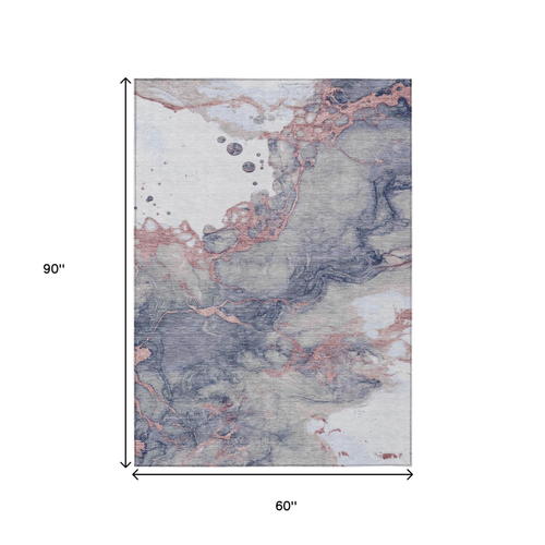 5' X 8' Blush And Gray Abstract Washable Indoor Outdoor Area Rug