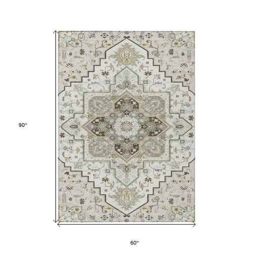 5' X 8' Ivory And Brown Oriental Washable Indoor Outdoor Area Rug