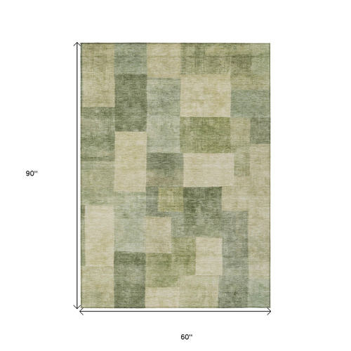 5' X 8' Artichoke Green Geometric Washable Indoor Outdoor Area Rug