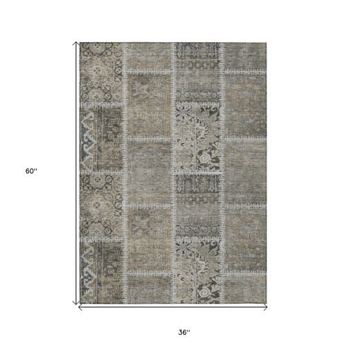 3' X 5' Taupe Beige And Tan Patchwork Washable Indoor Outdoor Area Rug