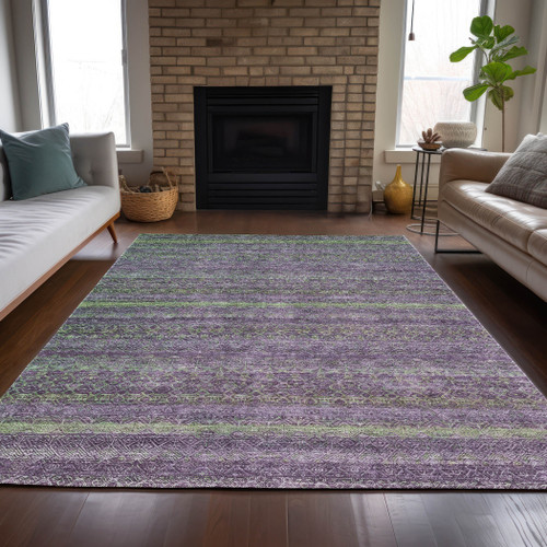 3' X 5' Purple And Lime Green Striped Washable Indoor Outdoor Area Rug