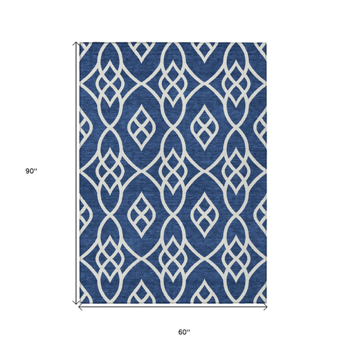 5' X 8' Navy Blue And Ivory Trellis Washable Indoor Outdoor Area Rug