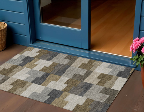 3' X 5' Brown Beige And Ivory Geometric Washable Indoor Outdoor Area Rug