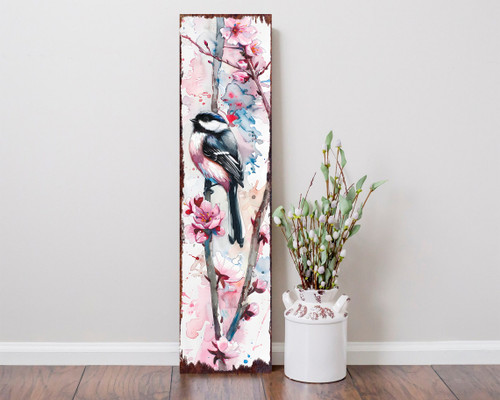 36" White and Pink Solid Wood Birds Porch Sign