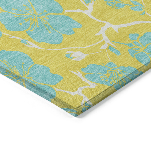 3' X 5' Yellow And Aqua Floral Washable Indoor Outdoor Area Rug