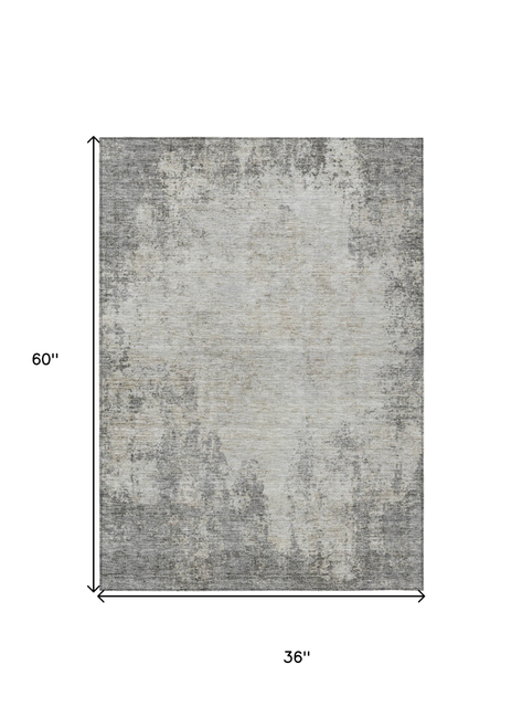 3' X 5' Gray And Ivory Abstract Washable Indoor Outdoor Area Rug