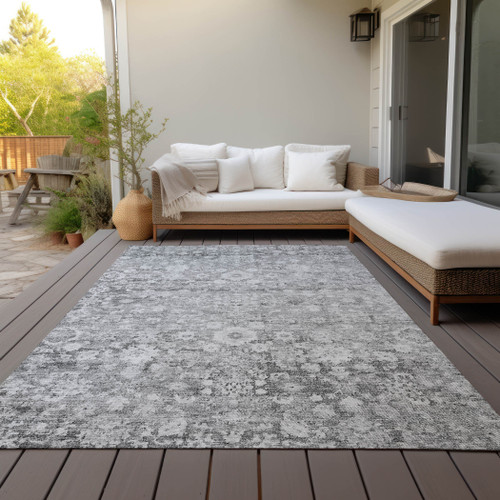 5' X 8' Silver Gray And Pewter Oriental Washable Indoor Outdoor Area Rug
